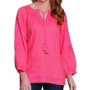 John Mark Linen Floral Embroidered Tassel Tie Pink Balloon Sleeve Blouse Top